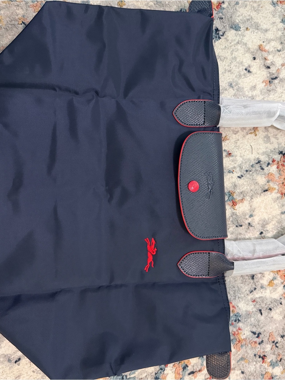 Longchamp Navy Tote with Red Accents